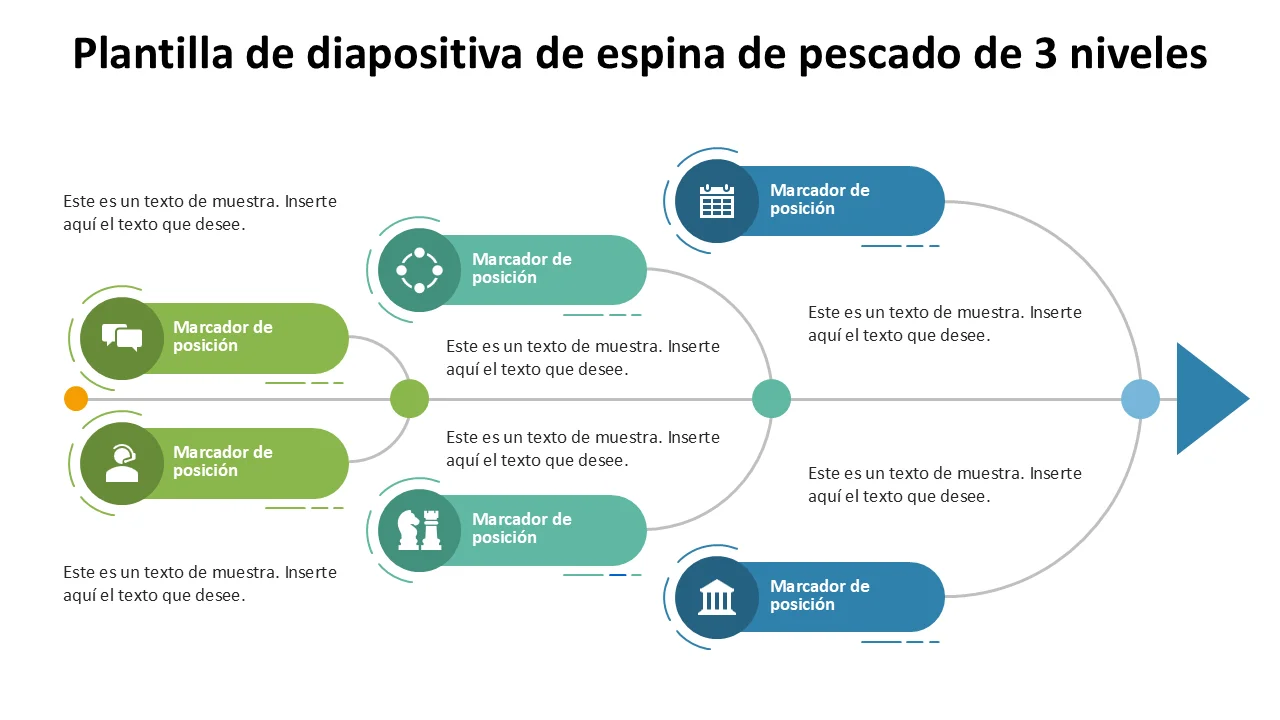 Plantilla de PowerPoint con diapositiva de diagrama de espina de pescado de 3 niveles