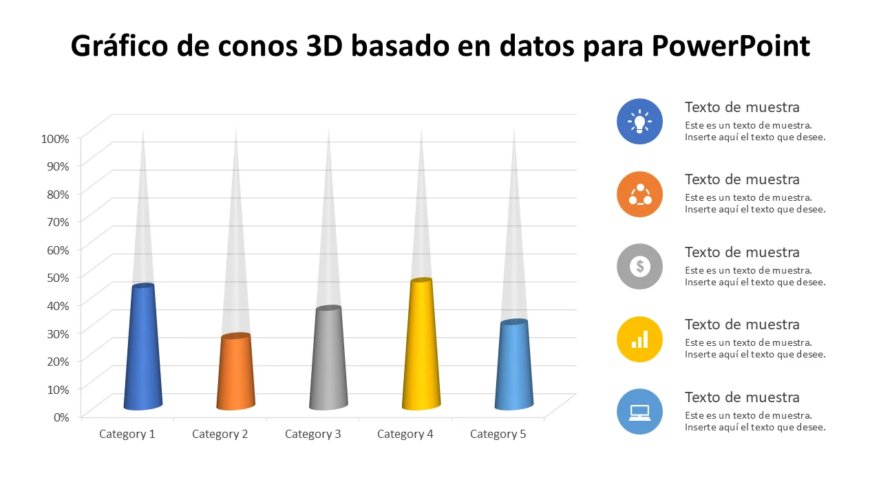 Plantilla de PowerPoint con gráfico de conos 3D basado en datos