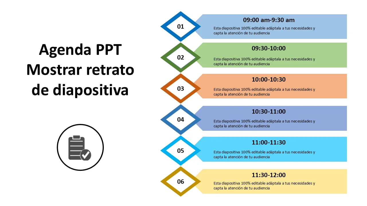 Plantilla de PowerPoint para agenda de reuniones | Diseño de diapositivas con tiempo bloqueado