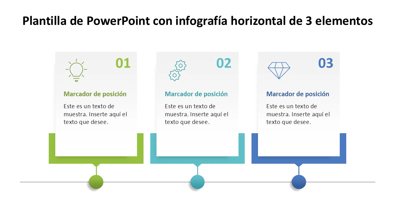 Plantilla de presentación de PowerPoint con infografía horizontal de 3 elementos